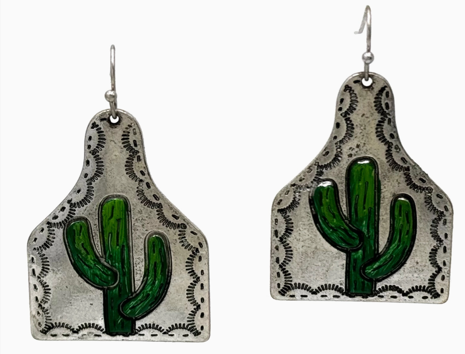 Cactus On Cow Tag Metal Earrings