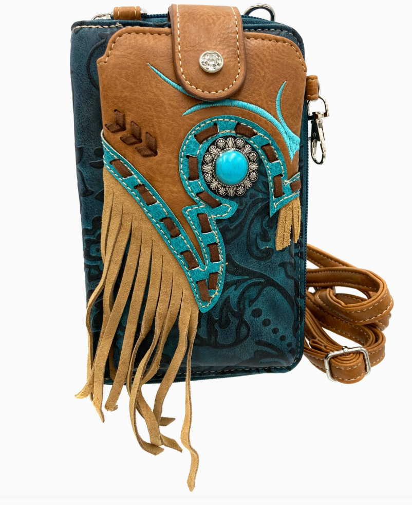 Turquoise Concho Fringe Crossbody Western Phone Wallet