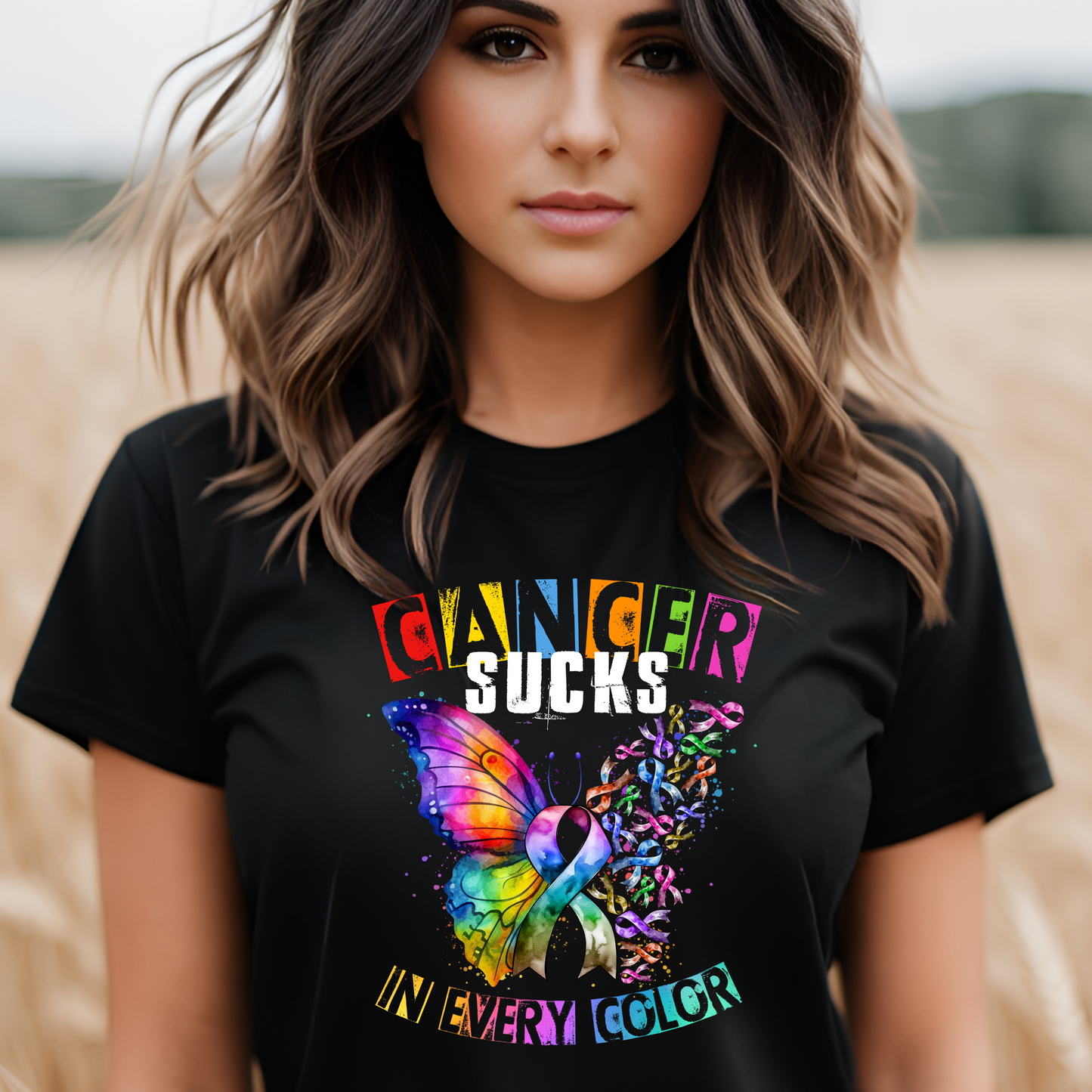 Cancer Sucks in Every Color Tee - Rainbow Butterfly of Strength - evrytang and more