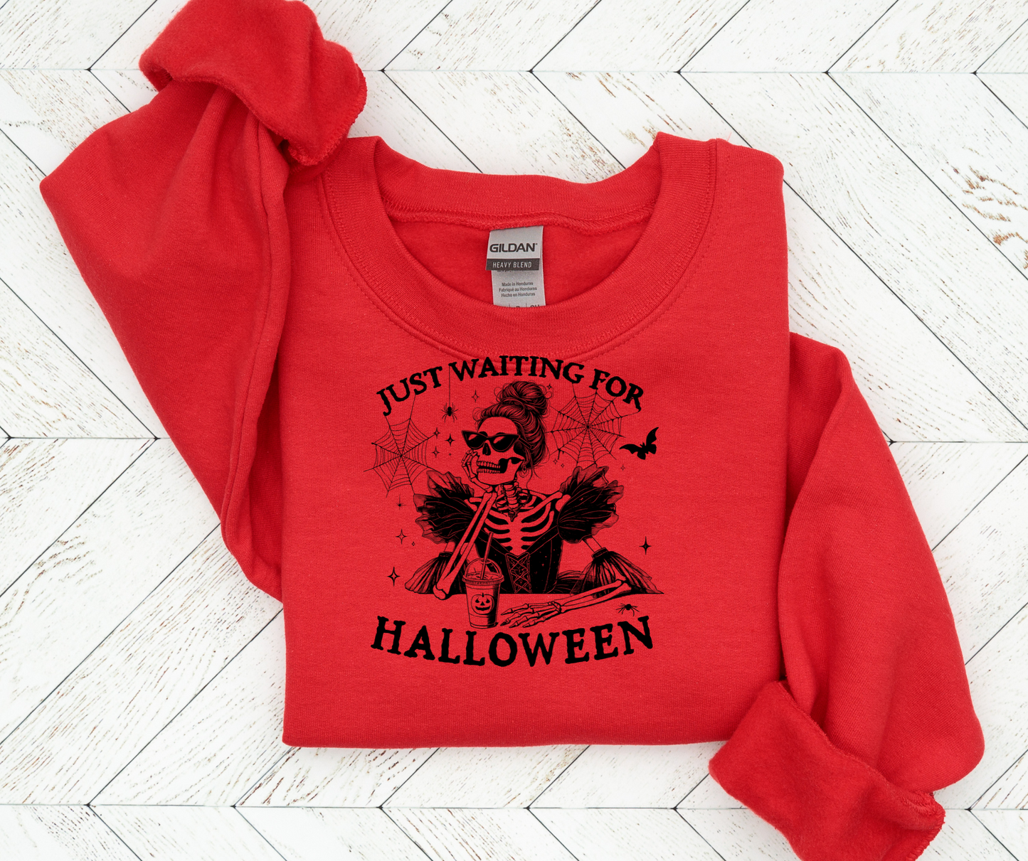 Waiting for Halloween Sweatshirt - Bored Skeleton with Coffee PRE ORDER & SAVE $5 OFF