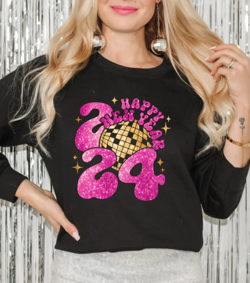 Sparkling Pink Glitter Happy New Year 2024 Disco Ball Shirt - Trendy Unisex Apparel - evrytang and more