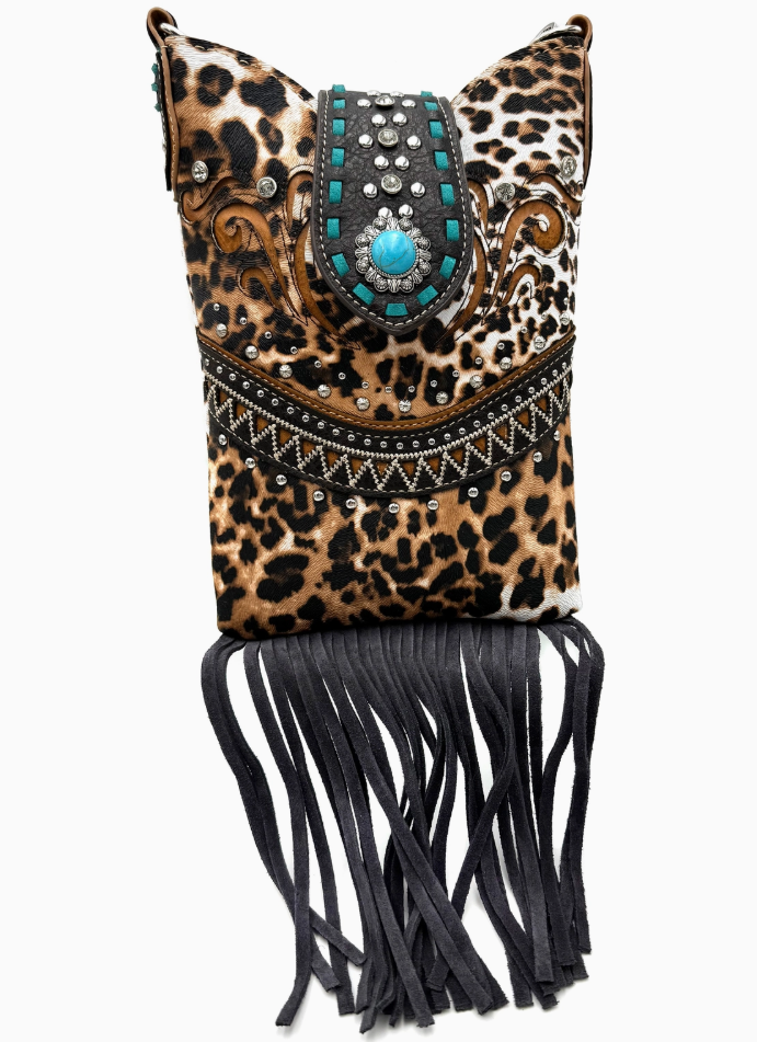 Leopard Print Fringe Western Crossbody