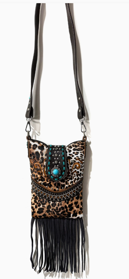 Leopard Print Fringe Western Crossbody