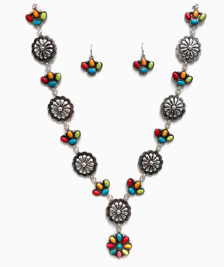 Western Concho Flower Charm Link Turquoise Necklace Earrings