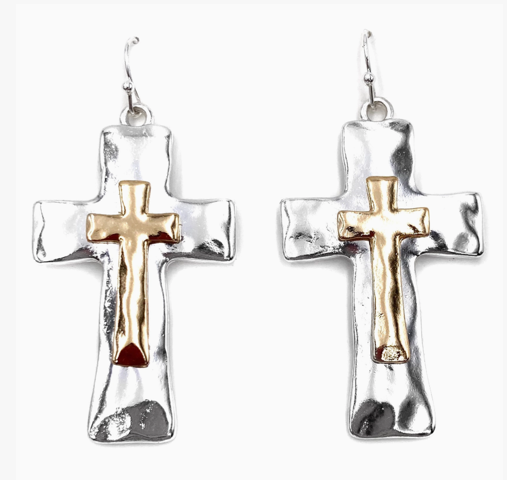 Layered Cross Silver Gold Dangle Earring