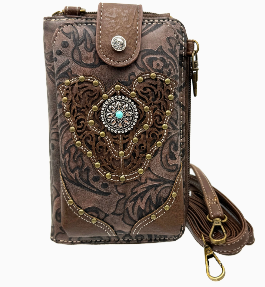 Women Western Floral Damask Medallion Crossbody Phone Wallet