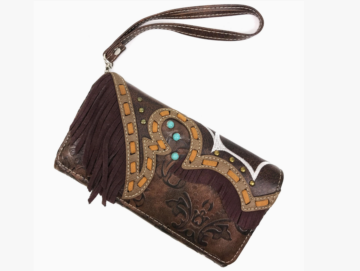 Suede Fringe Western Floral Crossbody Wallet
