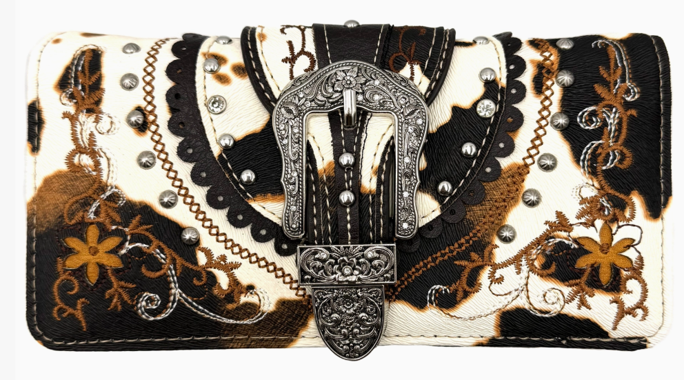 Cow Print Western Leather Buckle Crossbody Wallet