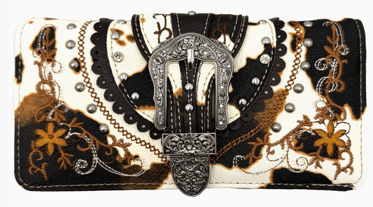 Cow Print Western Leather Buckle Crossbody Wallet - evrytang and more