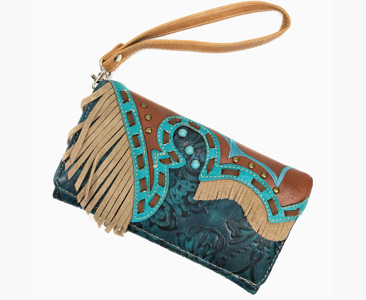 Suede Fringe Western Floral Crossbody Wallet
