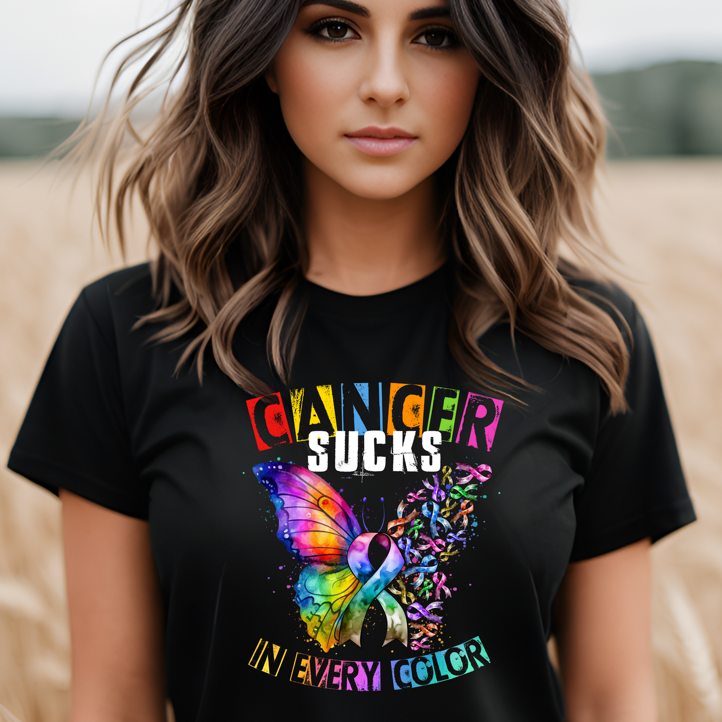 Cancer Sucks in Every Color Tee - Rainbow Butterfly of Strength