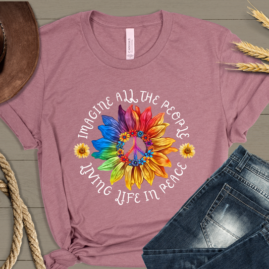 Rainbow Sunflower Peace Shirt - "Imagine All The People" Inspirational Tee